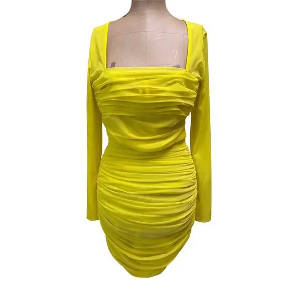House of CB Mini Dress Valentina Yellow Ruched Body Long Mesh Sleeve